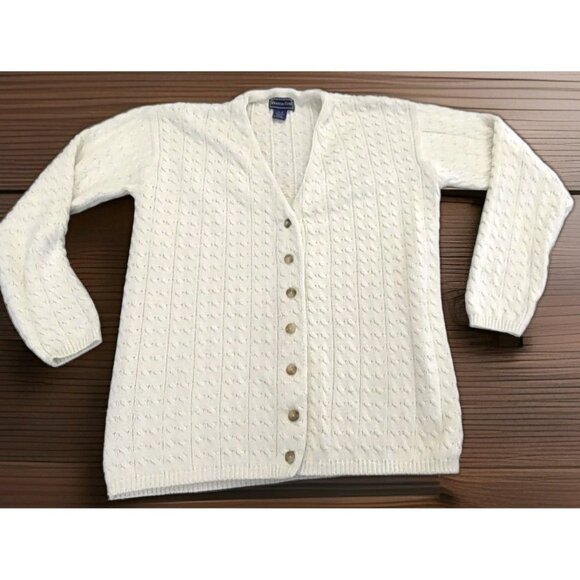 Vintage Charter Club Cable Knit Cardigan Sweater Medium Ivory Bottoms Front - Picture 1 of 10